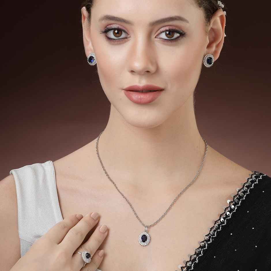 Zeneme Rhodium-Plated Blue AD-CZ Oval Halo Necklace Earrings Ring For Women & Girls
