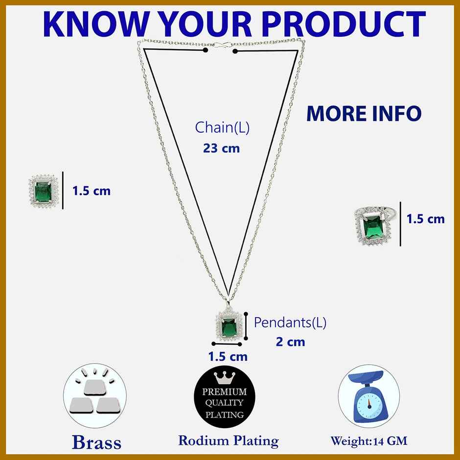 Zeneme Rhodium Plated AD Studded Princess Cut Crytsal Green Necklace Earrings Ring For Women