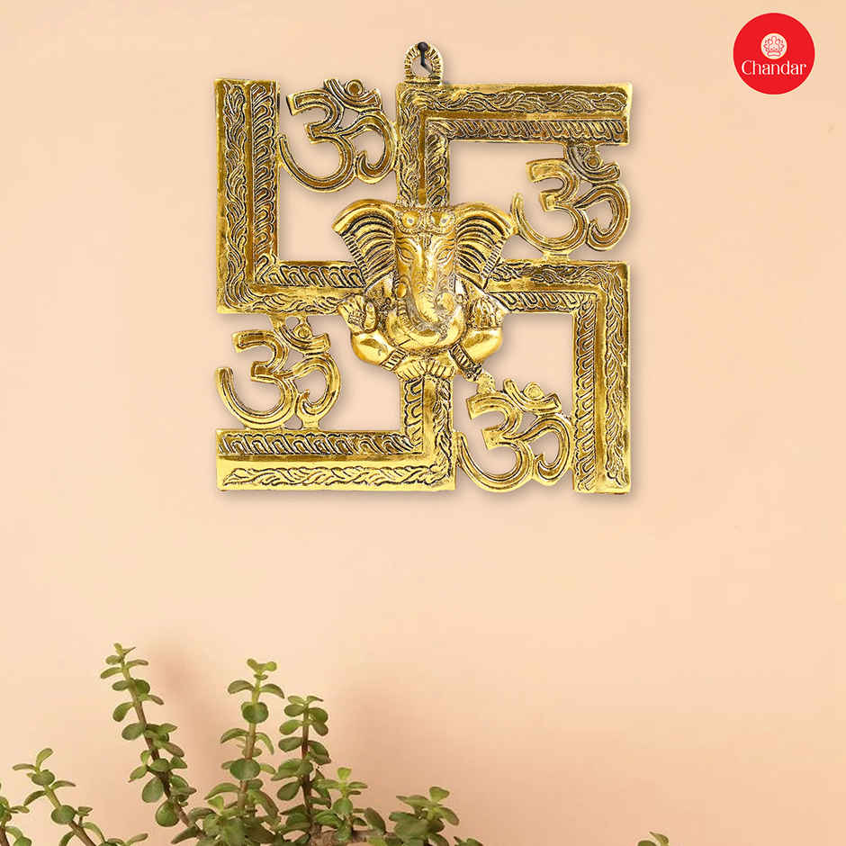 Chandar Swastik With Ganesh Ji Entrance Wall Hanging Golden Metal 21X20 Cm
