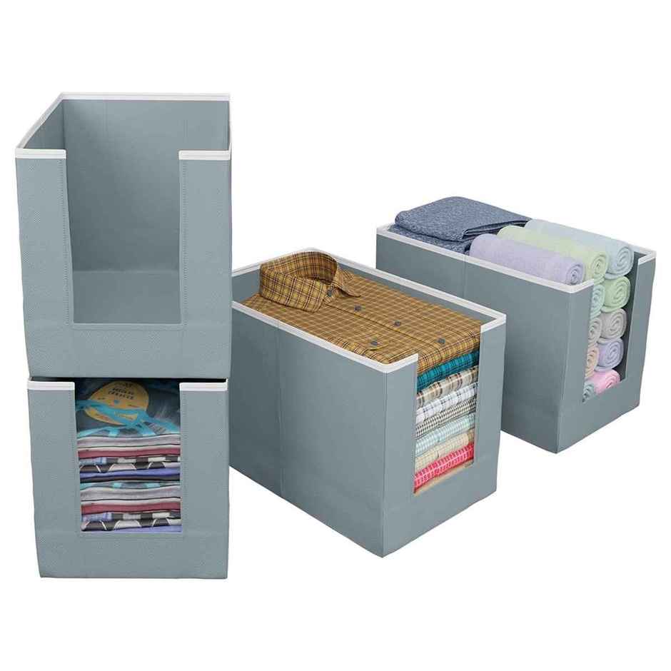 Kuber Industries Non-Woven Shirt Stacker | Foldable Closet & Wardrobe Organizer | Pack of 4 | Grey