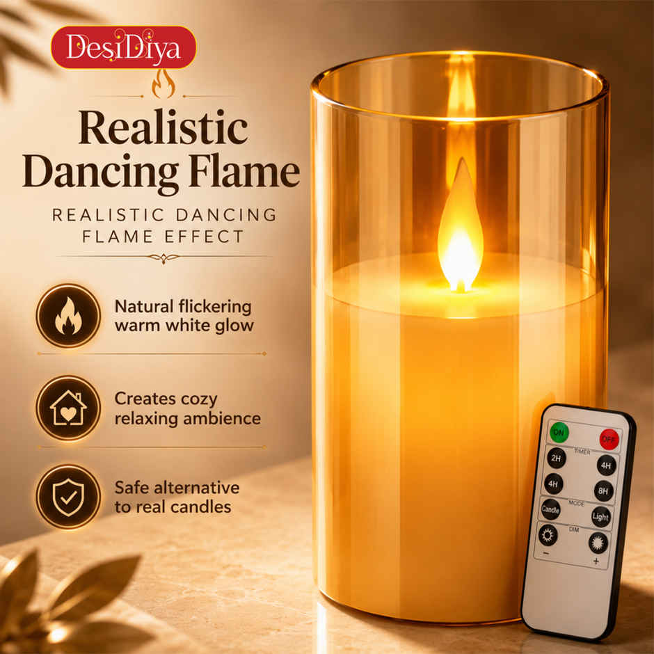 DesiDiya Flameless LED Candles Set of 3 Remote Control Acrylic Glass Candle Flickering Flame