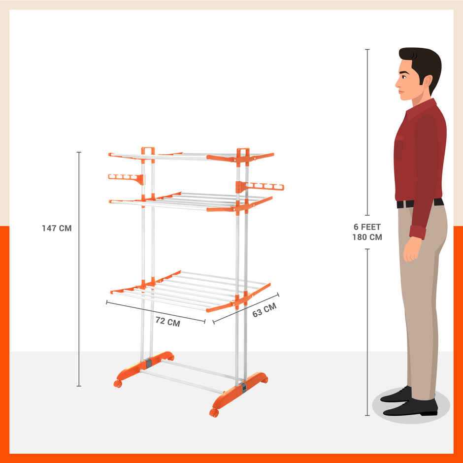 Bathla 3-Level Modular Cloth Drying Stand - Terra | Steel | Orange