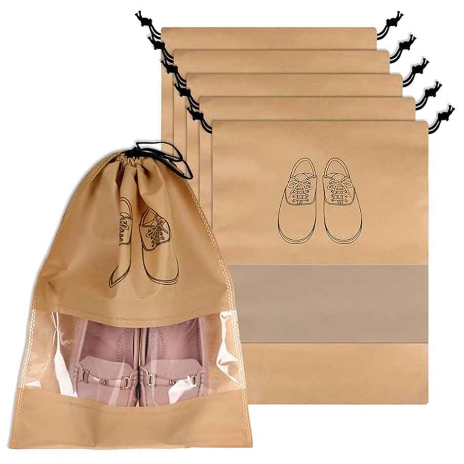Kuber Industries Non-Woven Pack of 6 Shoe Bags for Travel with Transparent Window | Beige