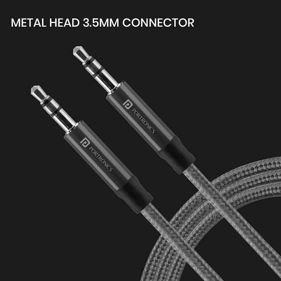 Portronics Aux 5 Stereo Audio Aux Cable 1.5m 3.5mm Metal Head Connectors, Nylon Braided with Universal Compatibility - Grey