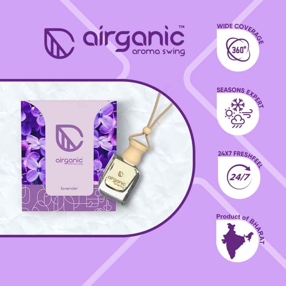 Airganic Aroma Swing Lavender Aroma With Essential Oils In Glass Bottle With Wooden Diffuser Lid Combo