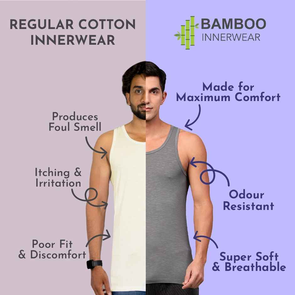 Heelium Bamboo Vest for Men | Super Soft, Odour Free & Comfort Fit | Pack of 1 - Grey - M