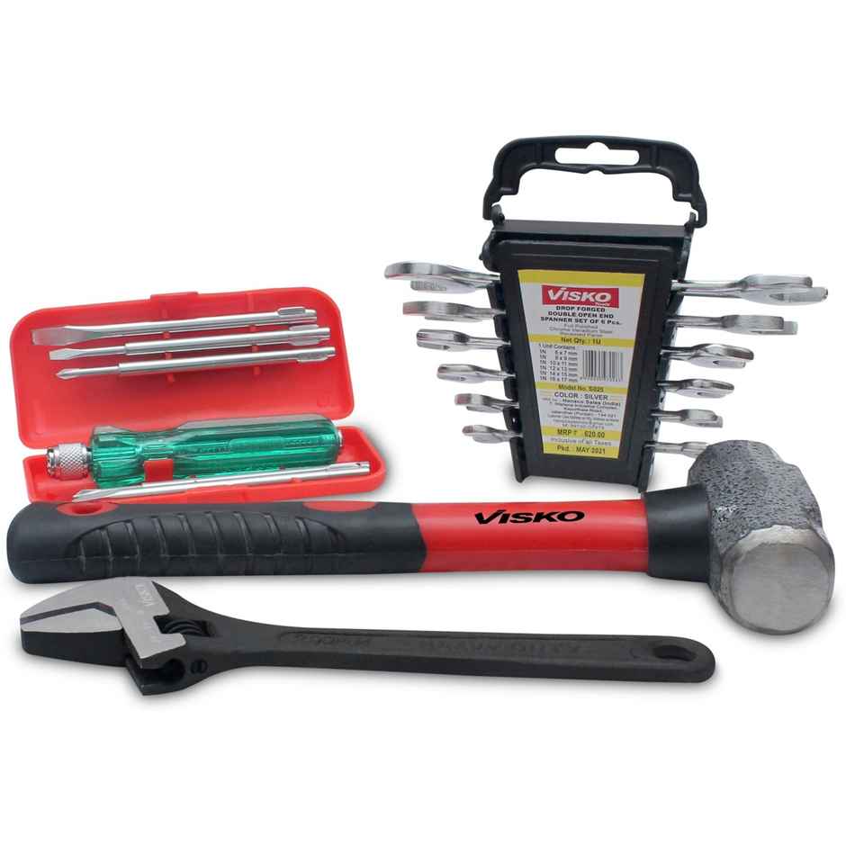 Visko 818 Hand Tools Combo With Screwdrivers | Open End Wrench | Doe Spanner | Sledge Hammer Kit