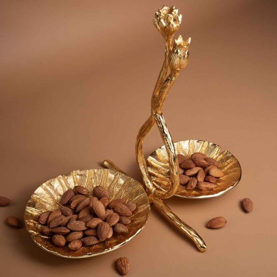 Lotus Petal Gold Plated Metal Dry Fruit Serving Tray | Gibox