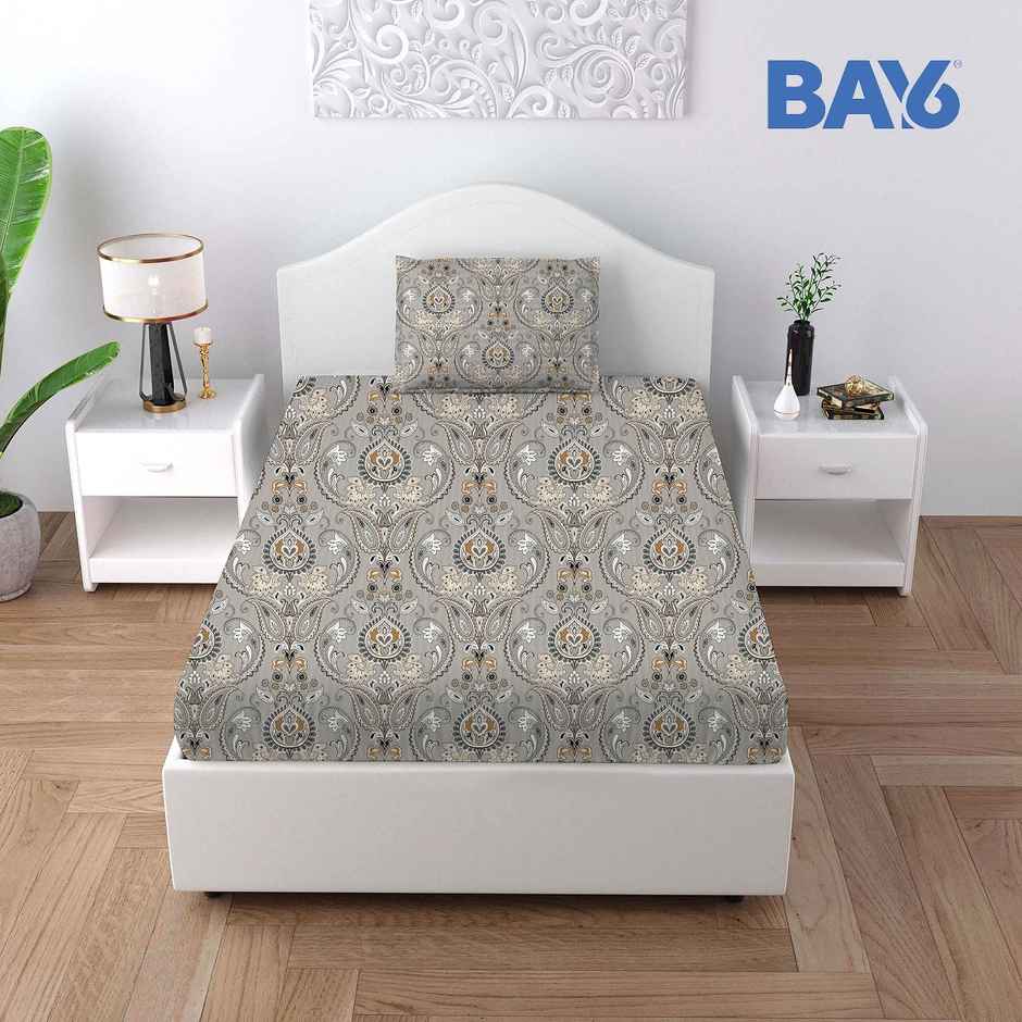 BAY6 Single Microfibre Ethnic Bedsheet | With Pillow Cover | Grey & Beige | 59 x 87 in