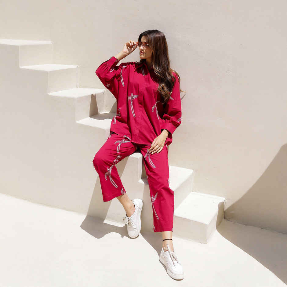 Sanskrutihomes Conversational Printed Pure Cotton Night Suit | Red - S