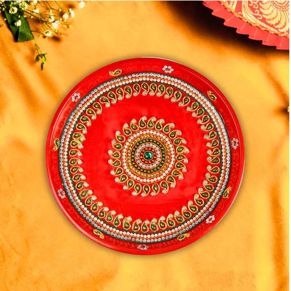 Decorative Red Pooja Thali | Beaded Work | 11 inch | Pichai