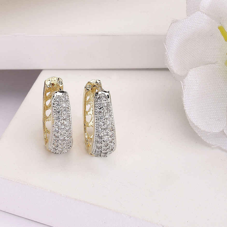 Zeneme Gold Plated Cubic Zirconia Studded Contemporary Hoop Earrings For Women & Girls