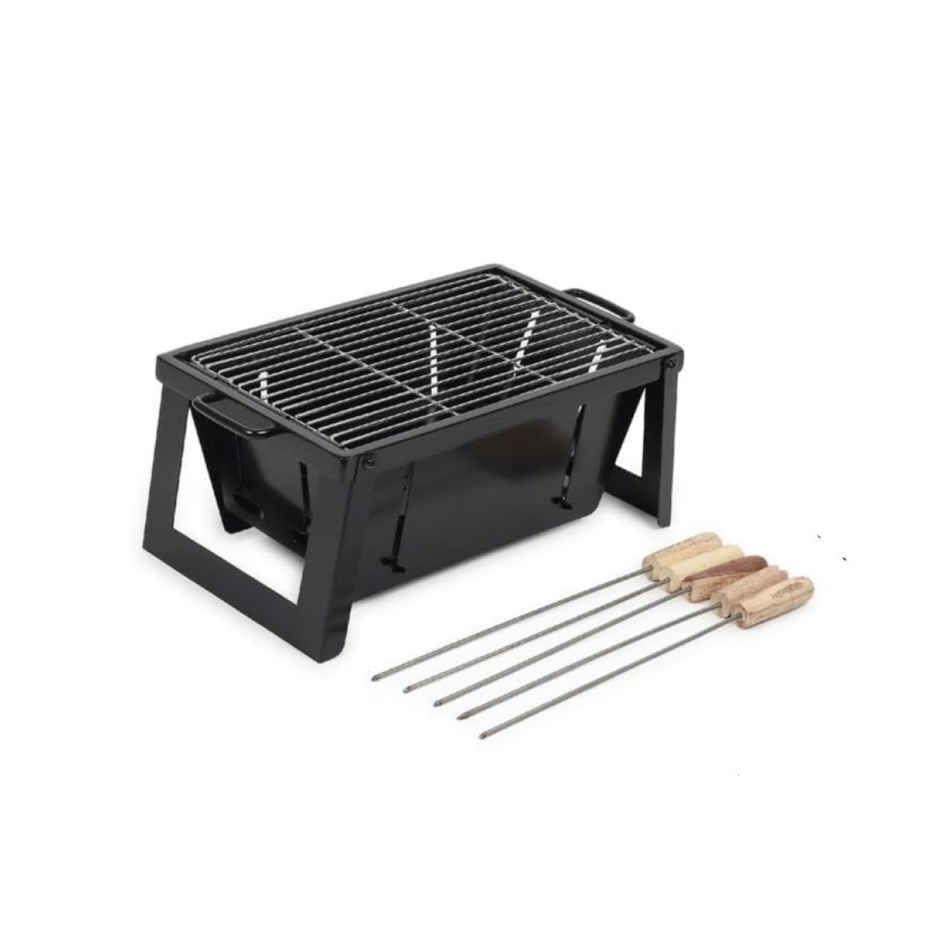 Peng Essentials Foldable Charcoal BBQ Grill | 5 Skewers | Stainless Steel | Black