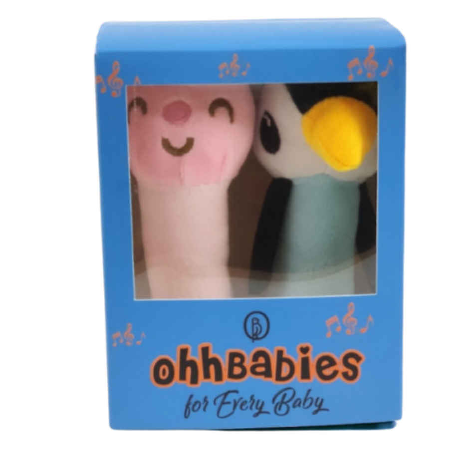 Ohhbabies Pink Rabbit With Blue Penguin Baby Rattle Toy