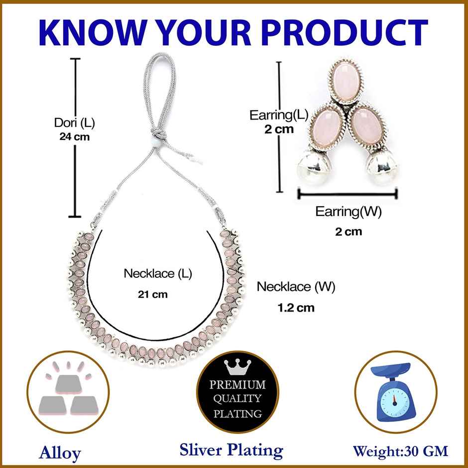 Zeneme Oxidised Silver Traditional Pink CZ Necklace With Earrings Jewellery For Women & Girls