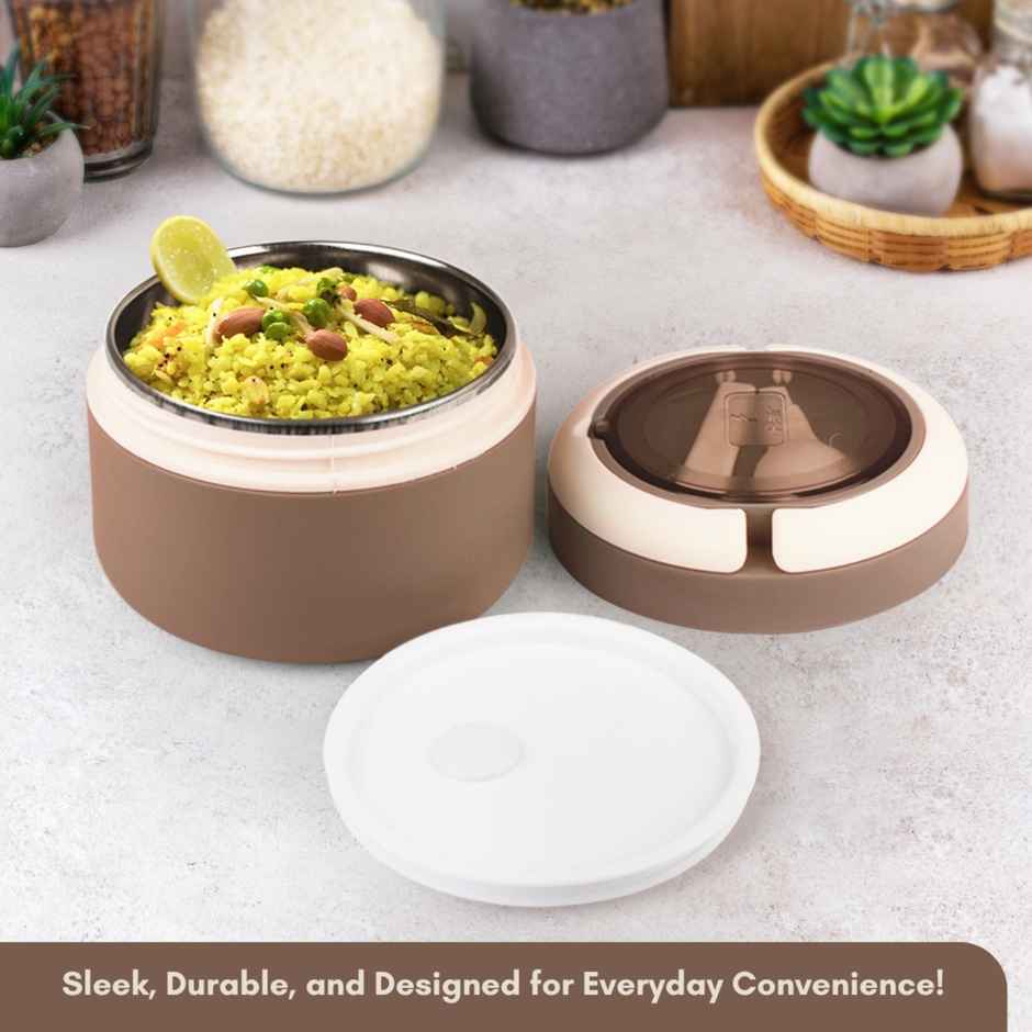 Flair Feast Lunch Box Set Beige Insulated Portable Container With Handle Attractive Spoon Carry Lid