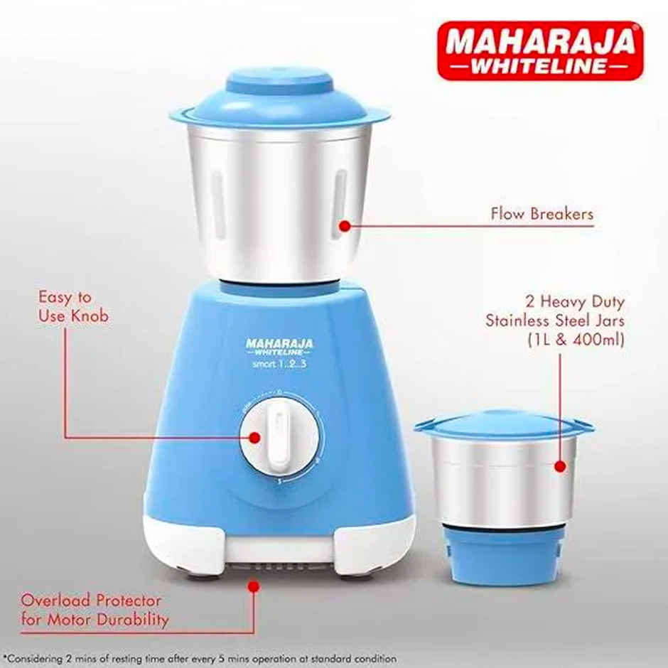 Maharaja Whiteline Smart 1..2..3 Mixer Grinder | 500 W Motor | 2 Jars - Blue