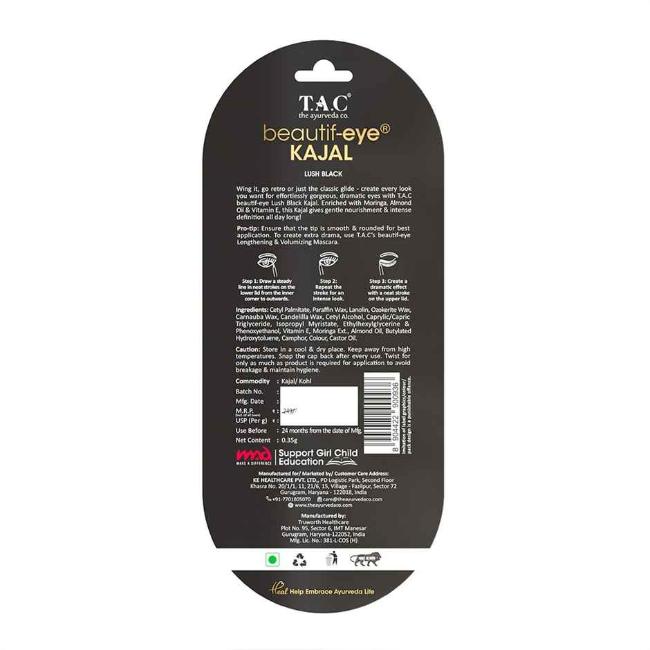 TAC Beautify Kajal With Vitamin E Smudge-Proof & Water-Proof Matte Finish 24hr Stay