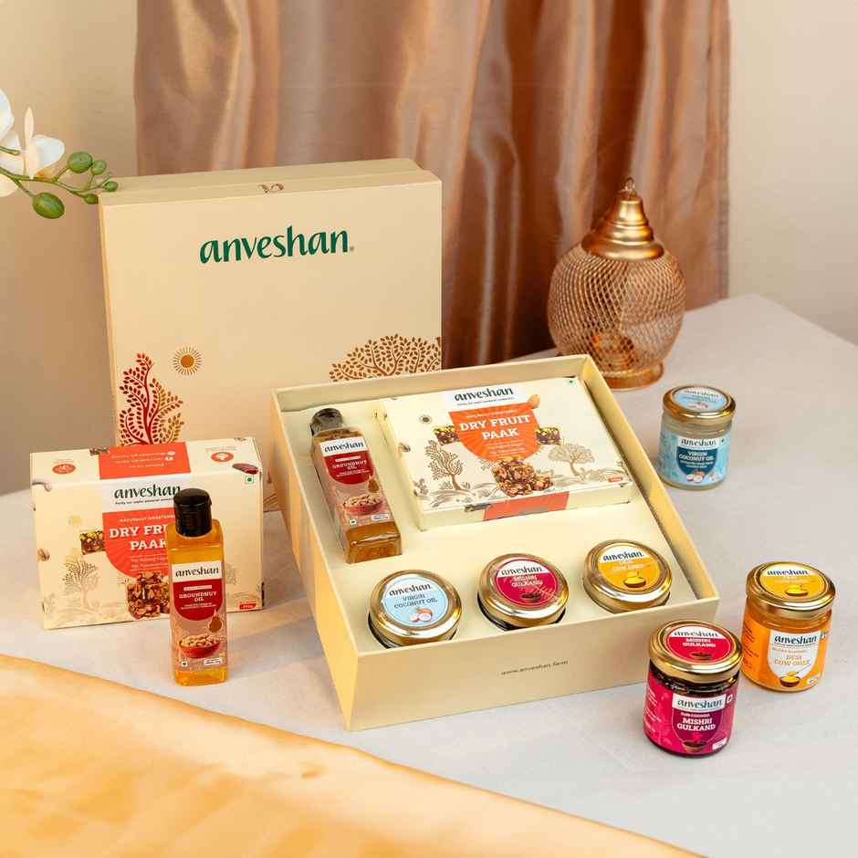 Diwali Gift Hamper | Dry fruit paak | Groundnut oil | A2 desi cow ghee | Virgin coconut oil | Mishri gulkand | Anveshan