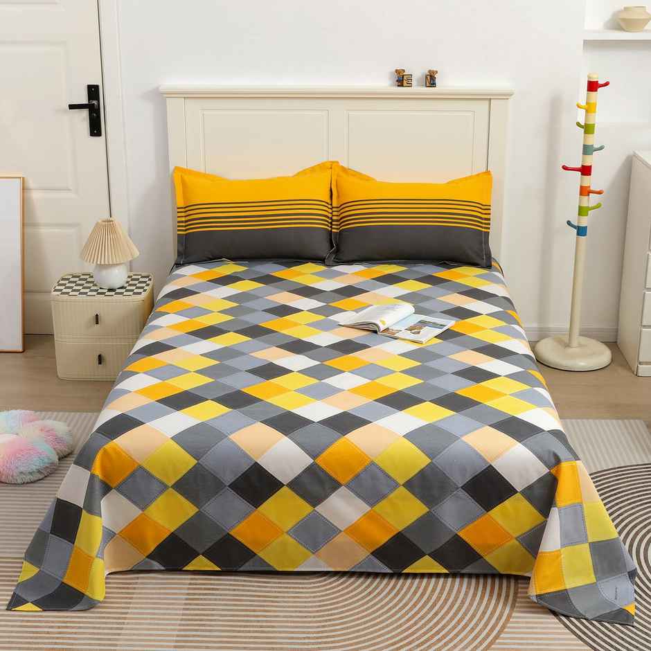 Story@home Double 144 TC Cotton Flat Geometric Bedsheet | Grey | 98 x 89 in