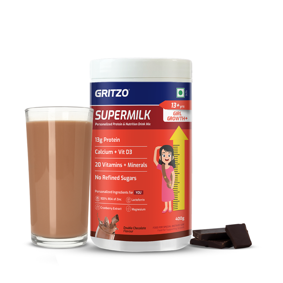 Gritzo Supermilk Growth+ (Formerly Height+) (13+ Yrs Girls) | Double Chocolate, 12 Scoops