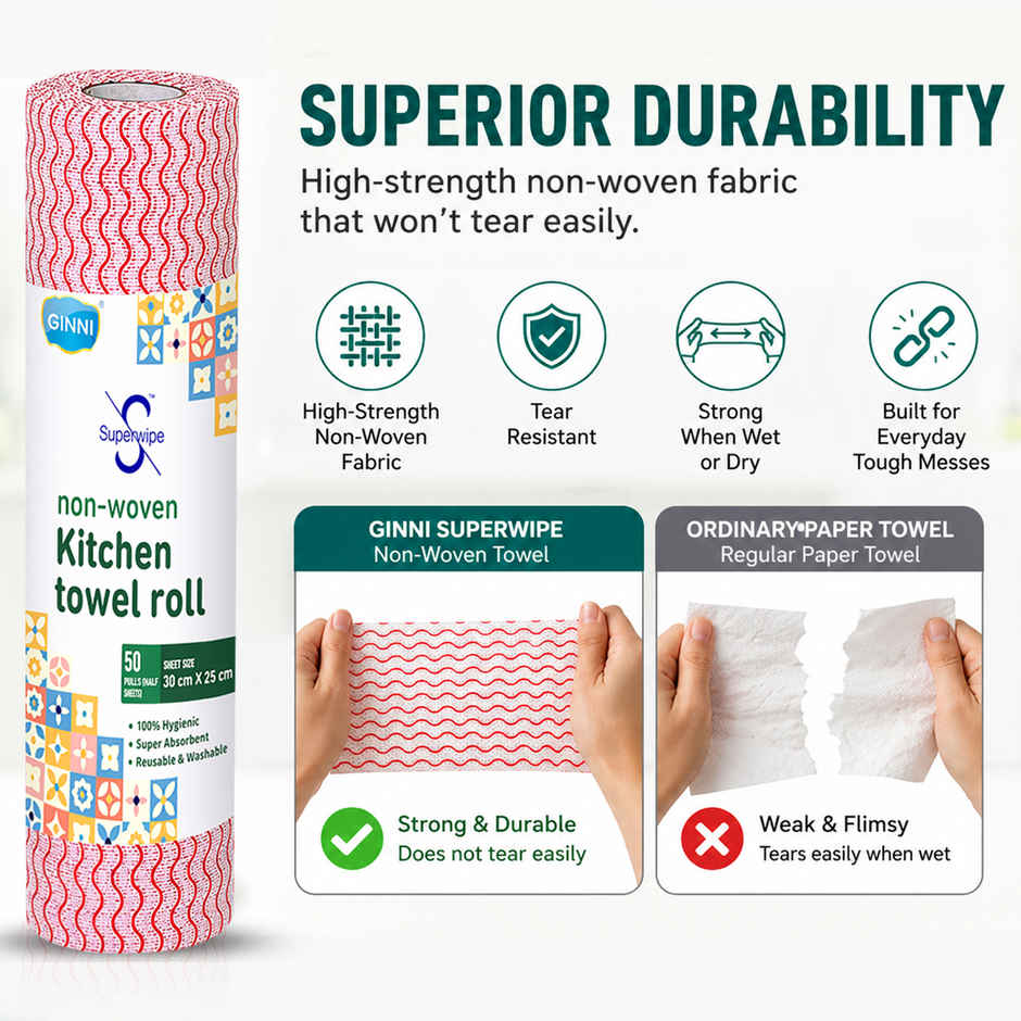 GINNI Superwipe Kitchen Towel Roll | 50 Pulls | 30 x 25 cm