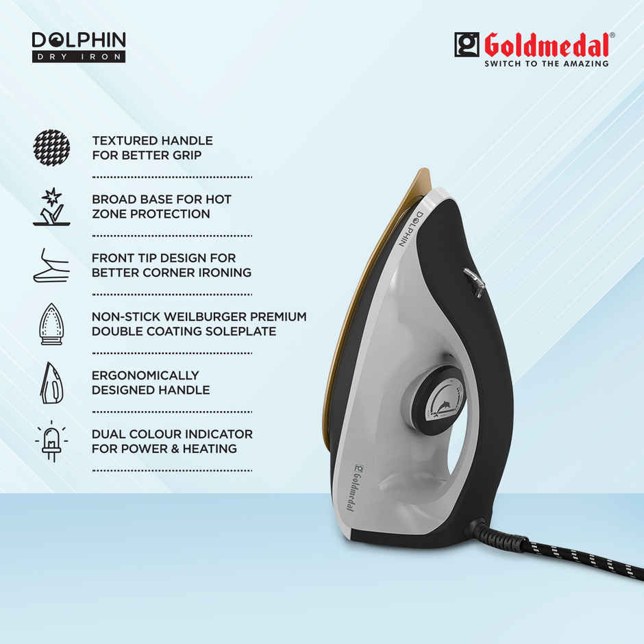 Goldmedal Dolphin 1100W Dry Iron, Broad Base for Hot zone Protection | Cool Grey & Black