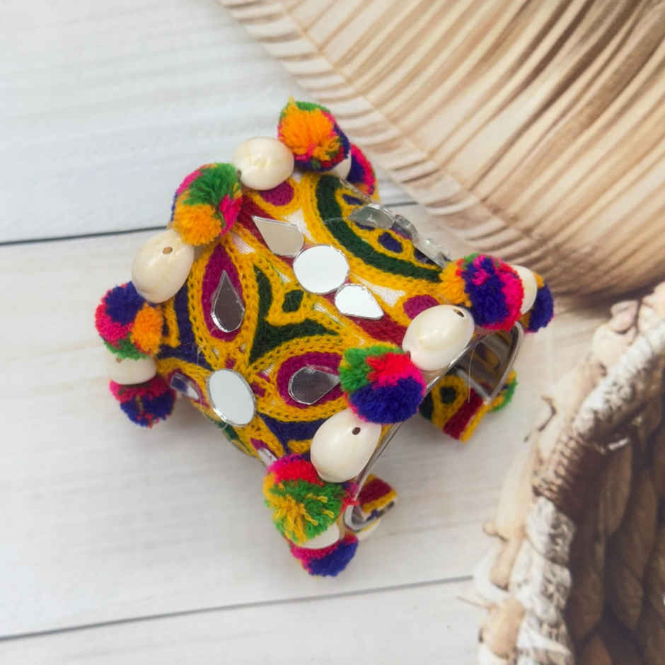 The Opal Factory Thread work Multicolour Flexible Bangle Kada with Pom Poms and Cowrie | Free Size