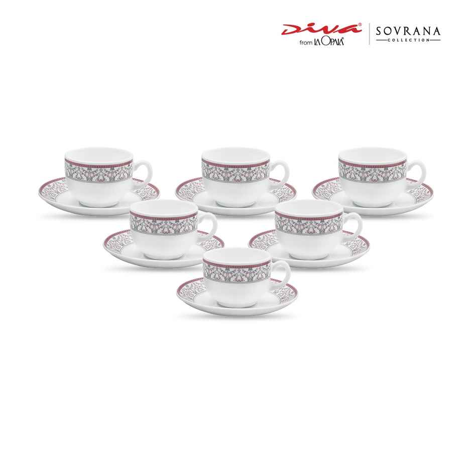 La Opala Diva Sovrana Cup & Saucer 160 ml Set of 12 Moroccan Pink Opal Glass Cups for Tea, White