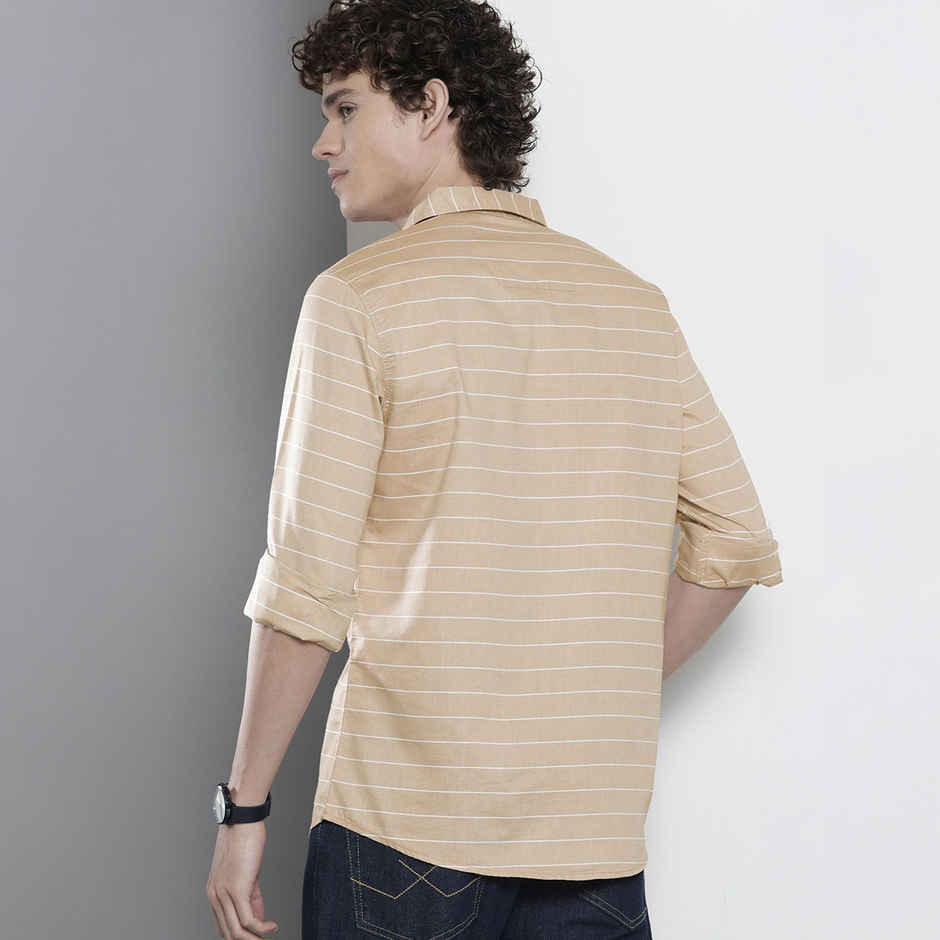 The Indian Garage Co Men's Slim Fit Striped Casual Shirt | Khaki - XL