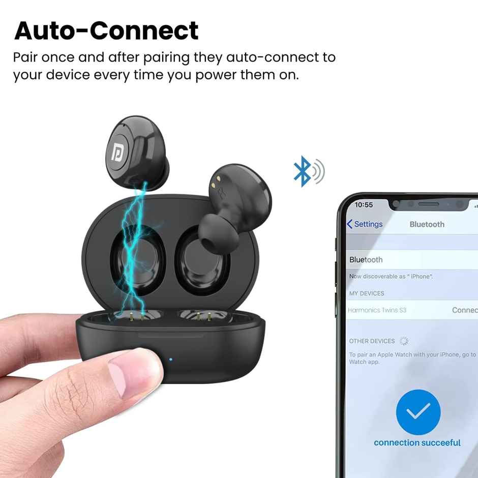 Portronics Harmonics Twins S3 Smart TWS Earbuds with 20 Hrs Playtime, Bluetooth 5.2, 8mm Drivers, Lightweight Design - Black