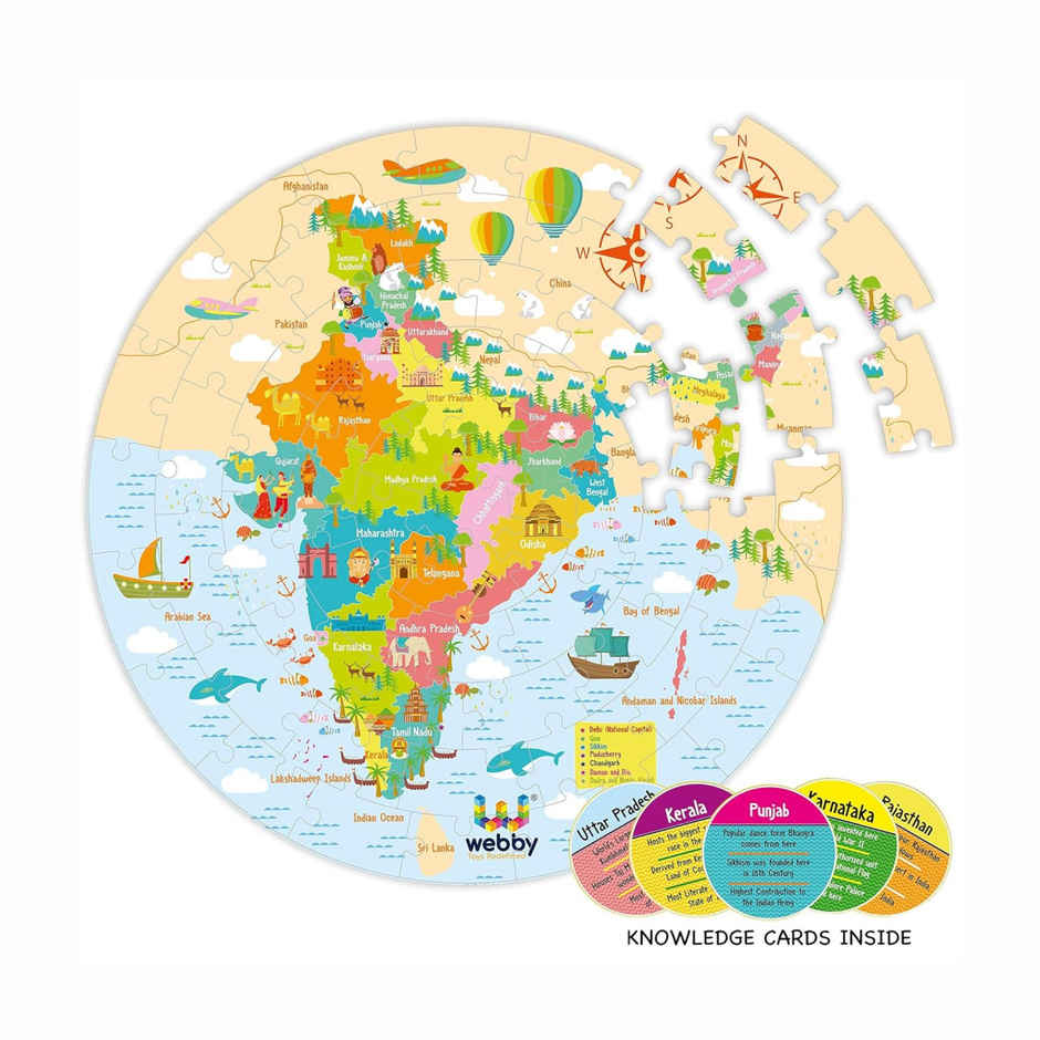 Webby Amazing India Map Jigsaw Floor Puzzle 60 Pcs with 4 Double Sided Flashcards