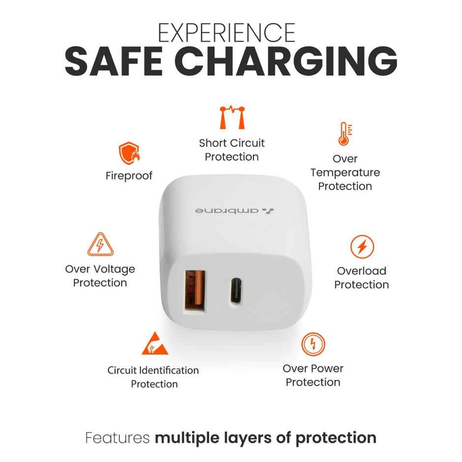 Ambrane 20W Dual Output Fast Charger/Adapter With Qc & Pd Technology For Iphone Android & Other Devices Multi-Layers Protection (Raap H11) - White