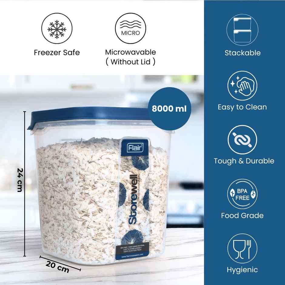 Flair Plastic Storewell Food Storage Containers 8000 ml (Blue), Food Grade, Bpa Free, Spices Grains