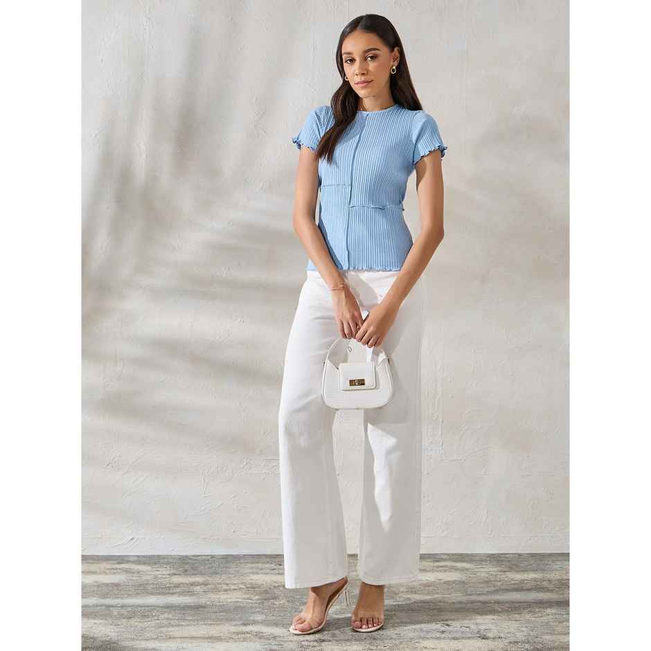 Styli Women Regular Fit Crop Length Exposed Seam Overlock Tops | Blue | M