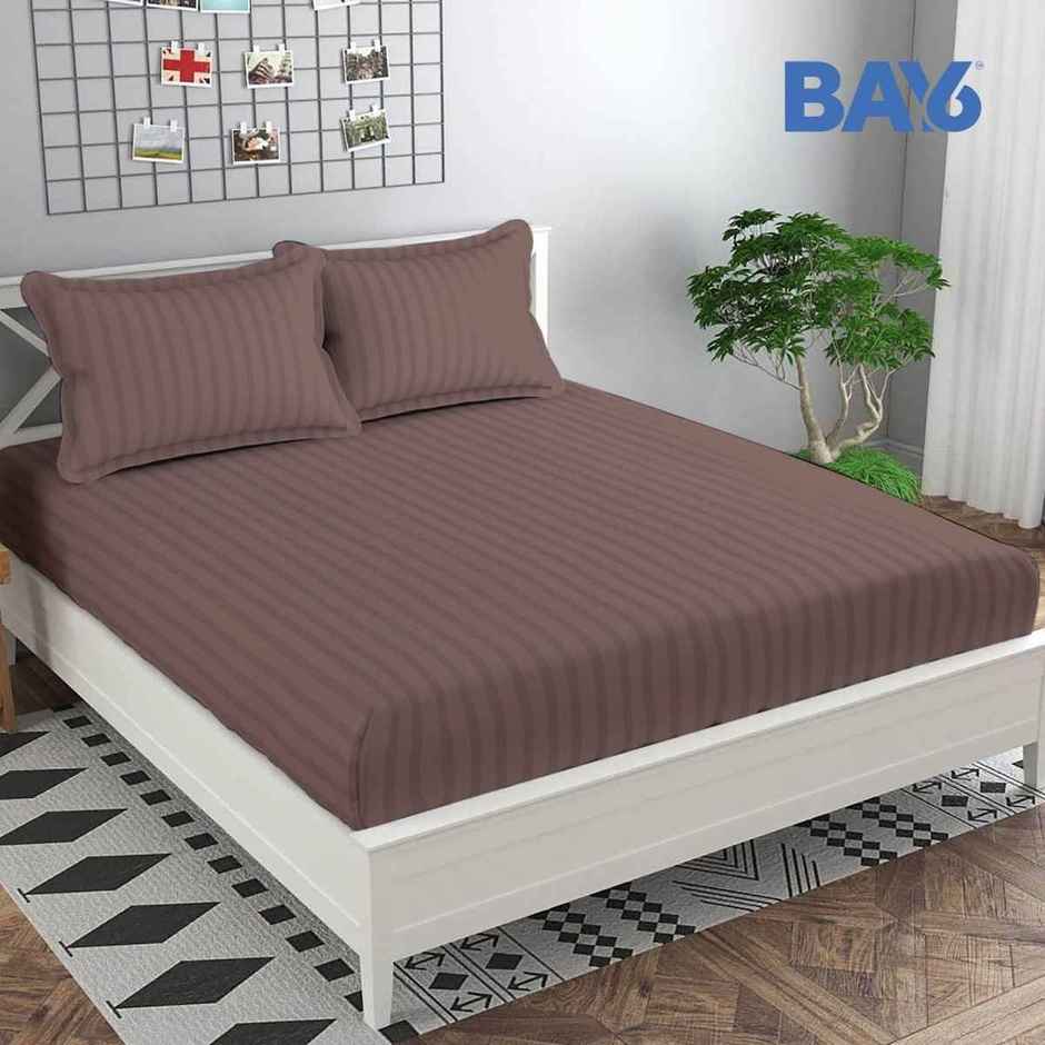 BAY6 Microfibre Solid Stripe Double Bedsheet - Brown | 220 x 240 cm + Two Pillow Covers