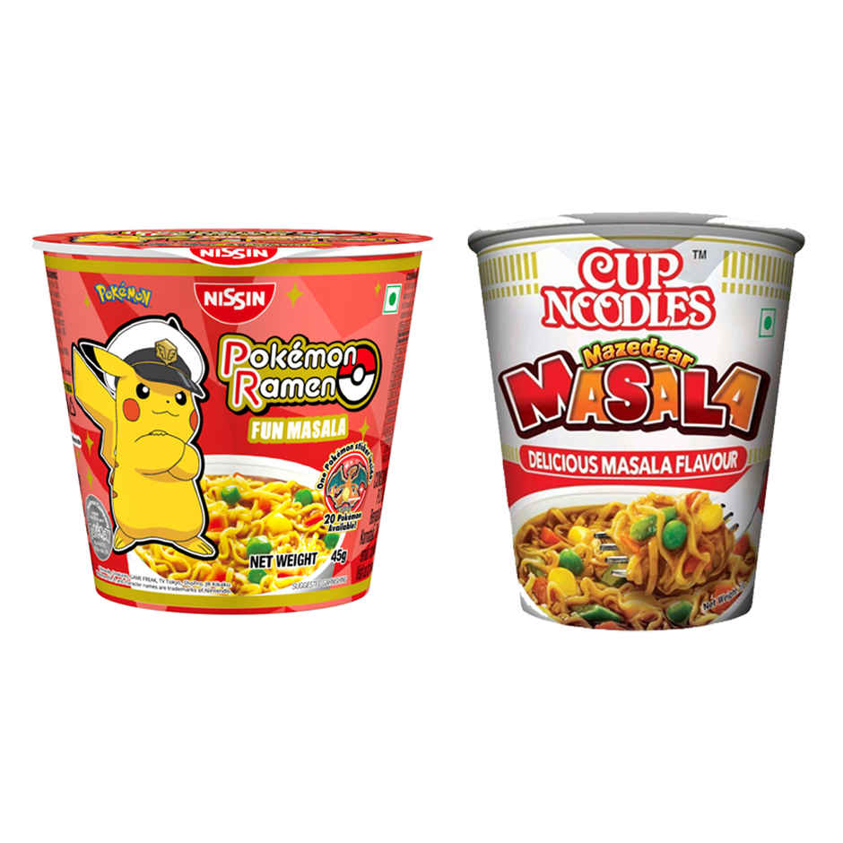 Nissin Cup Mazedaar Masala(70gms) & Indo Nissin Pokemon Ramen Fun Masala | Flavorful Instant Noodles(45gms) Combo