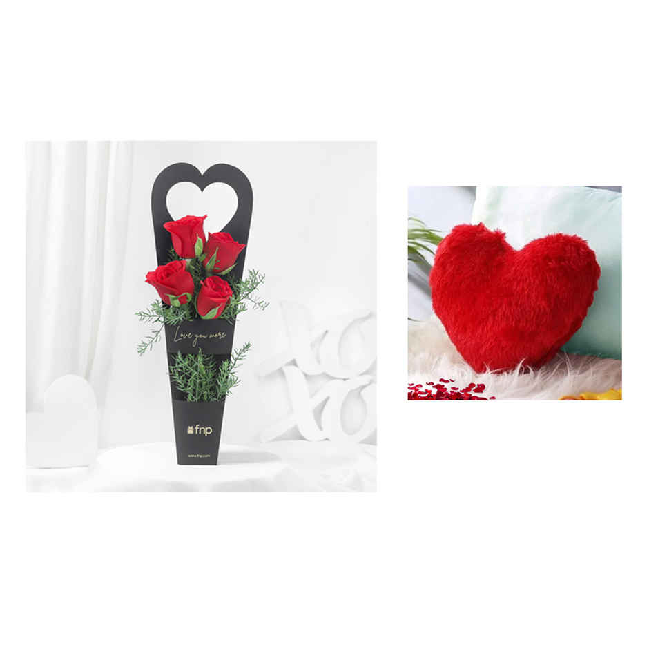 Fnp Magic Of Red Roses In Sleeve(1pc) & Webby Heart Shape Cushion Soft Toys | 30 Cm | Red(1pc) Combo