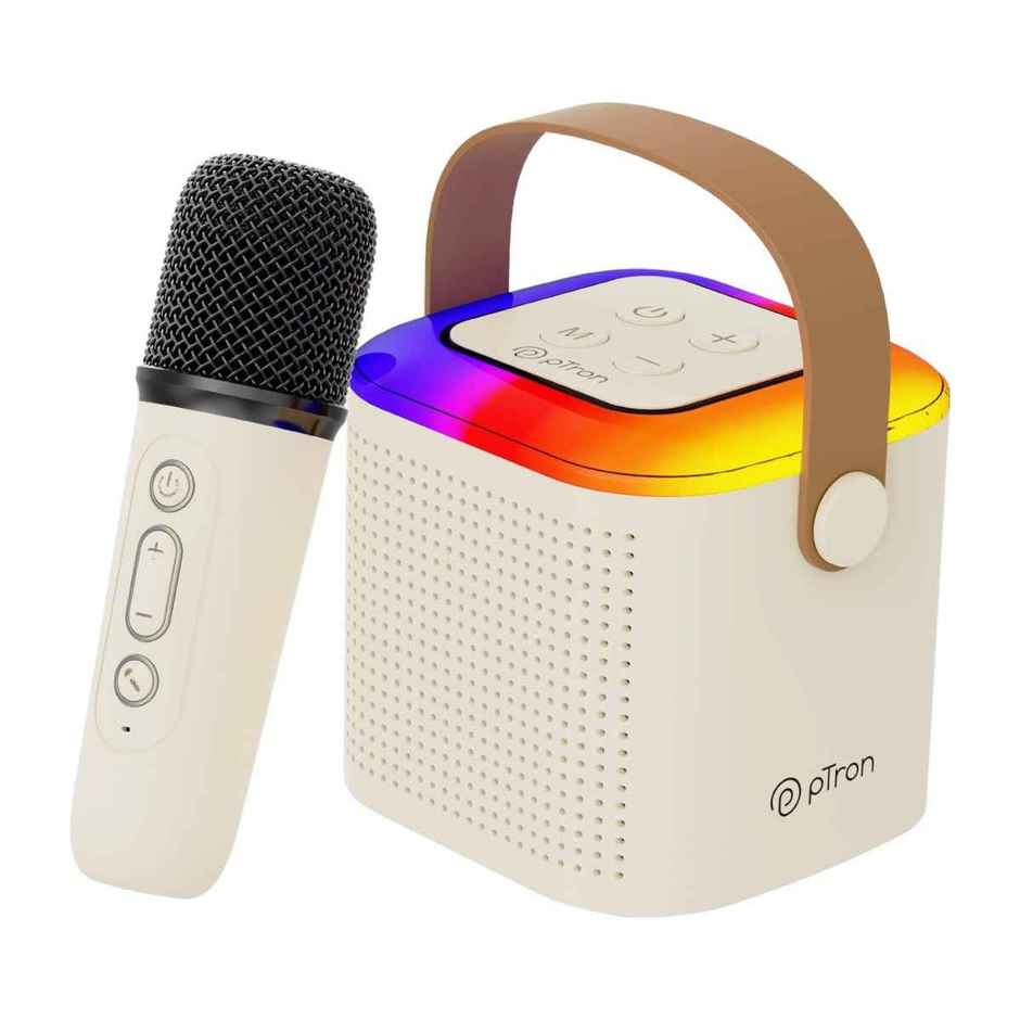 Fusion Tunes Bluetooth Speaker | 10W Output | Wireless Karaoke Mic | RGB Lights | 8 Hrs Playtime | Cream