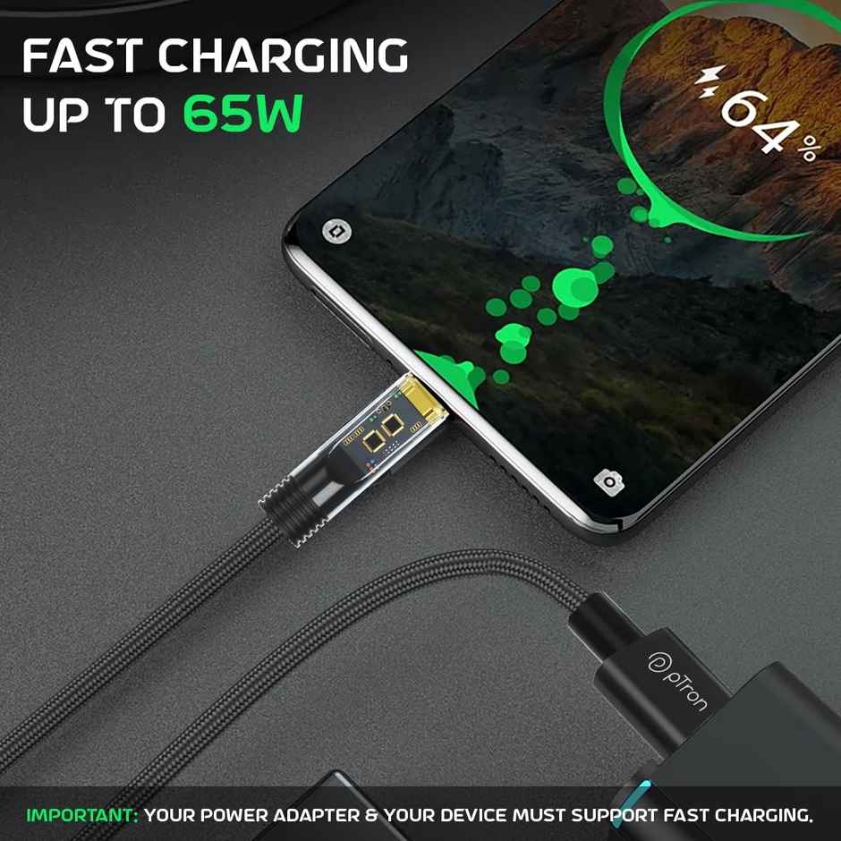pTron Solero 65W USB to Type-C Super Fast Charging USB Cable Compatible with Samsung,OnePlus,Oppo,Vivo,Xiaomi,Realme & Other Type-C Devices, Unbreakable Nylon Braid, 480Mbps Data Sync Speed (1M) - Black