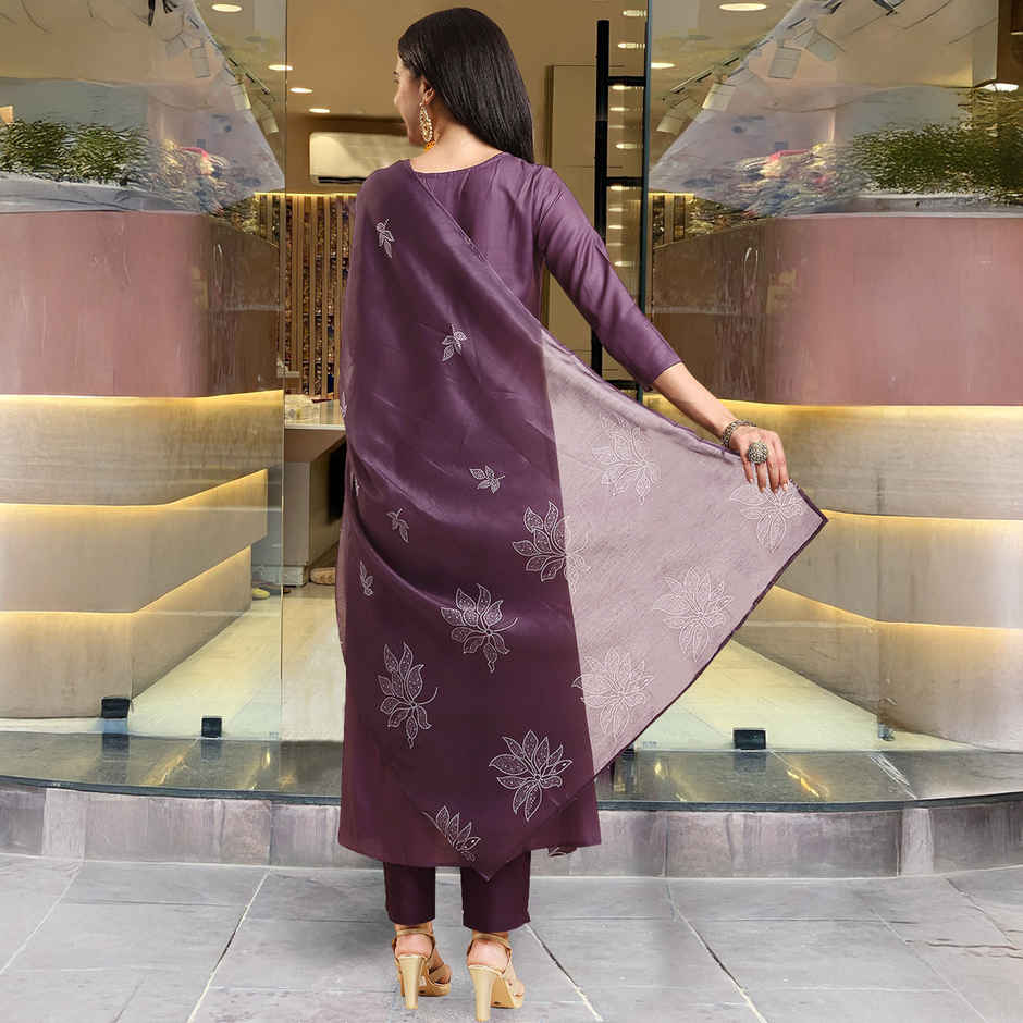 GoSriKi Women's Viscose Rayon Anarkali Printed Kurta with Pant & Dupatta | GANGORI | Wine - L