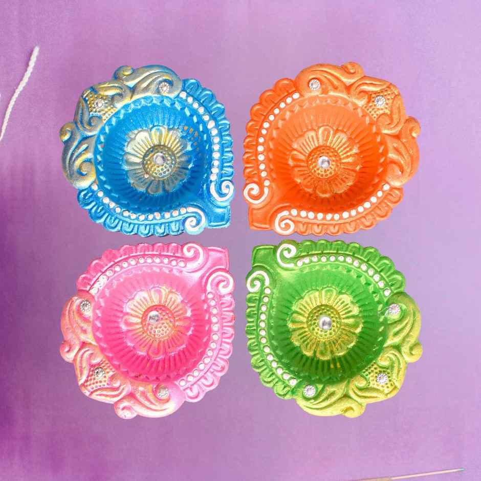 Designer Multicolor Clay Diya | Pack of 4 | Satvik