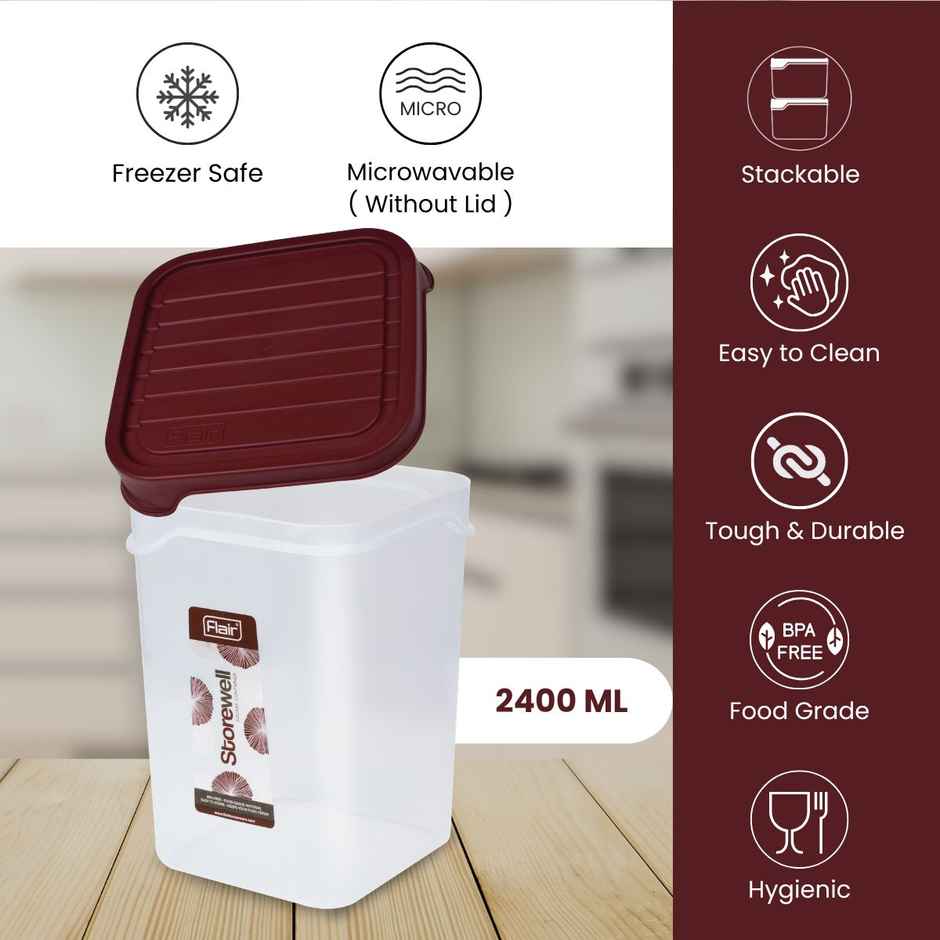 Flair Plastic Storewell Square Food Storage Containers 2400Ml - Set Of 2 (Maroon)