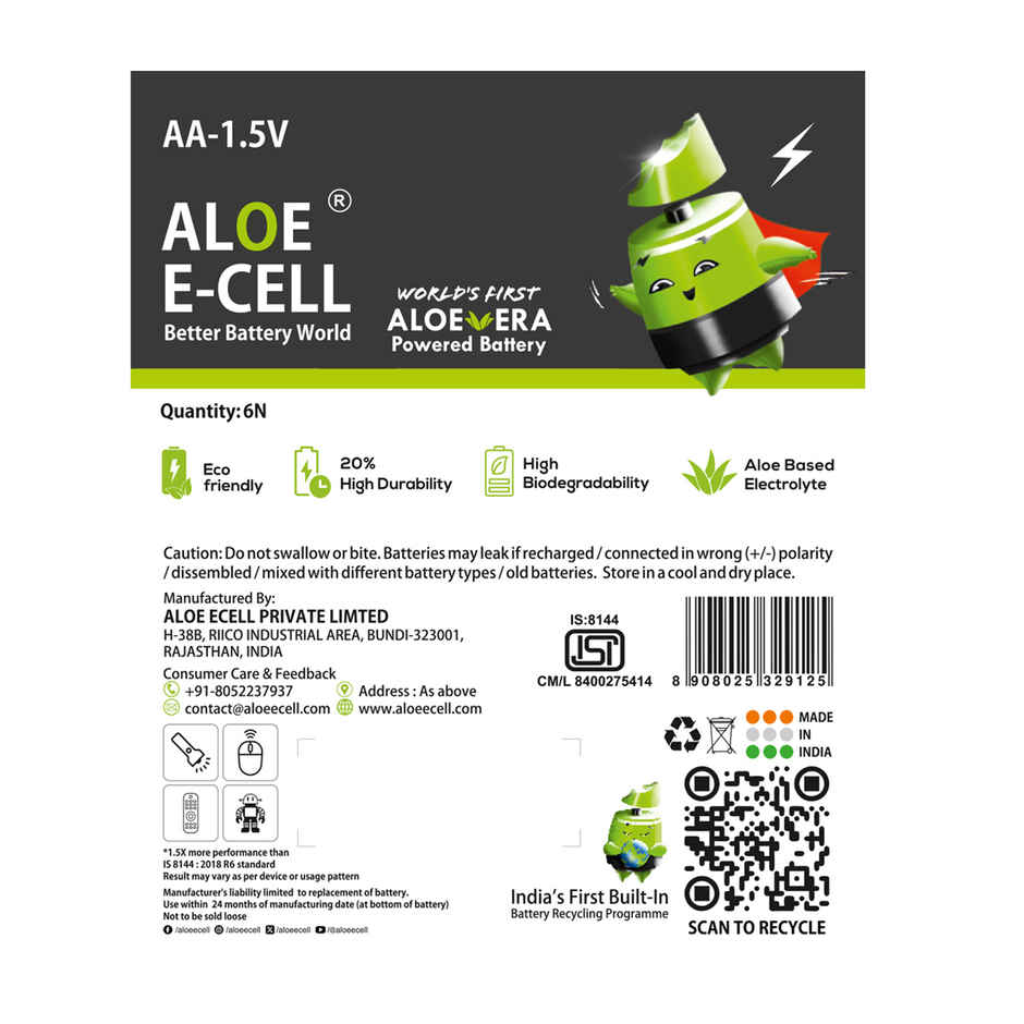 Aloe E-Cell World's First Aloe Vera Powered 100% Eco Friendly AA Battery-Pack of 6
