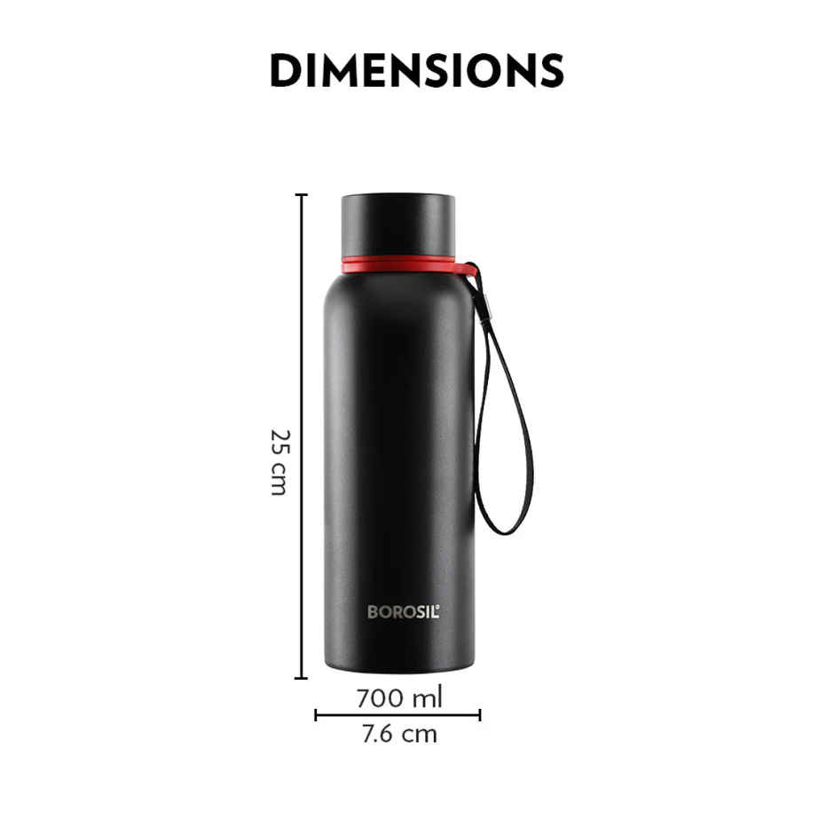 Borosil Hydra Trek Water Bottlw - 700 ml | Black | Stainless Steel Double Wall Vacuum Insulated Flask
