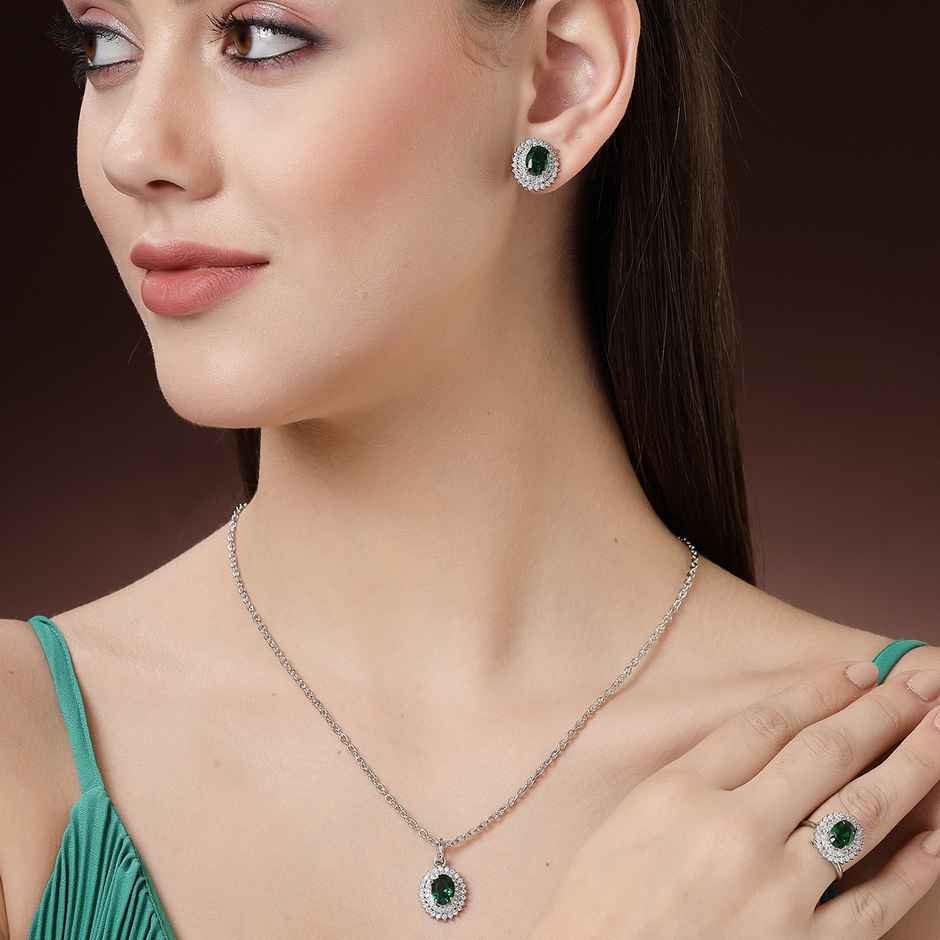 Zeneme Rhodium-Plated Green AD-CZ Oval Halo Necklace Earrings Ring For Women & Girls
