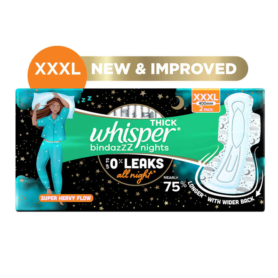 Whisper Bindazzz Nights 2 Sanitary Pads, Upto 0% Leaks All Night Long | XXXL | 2 pcs