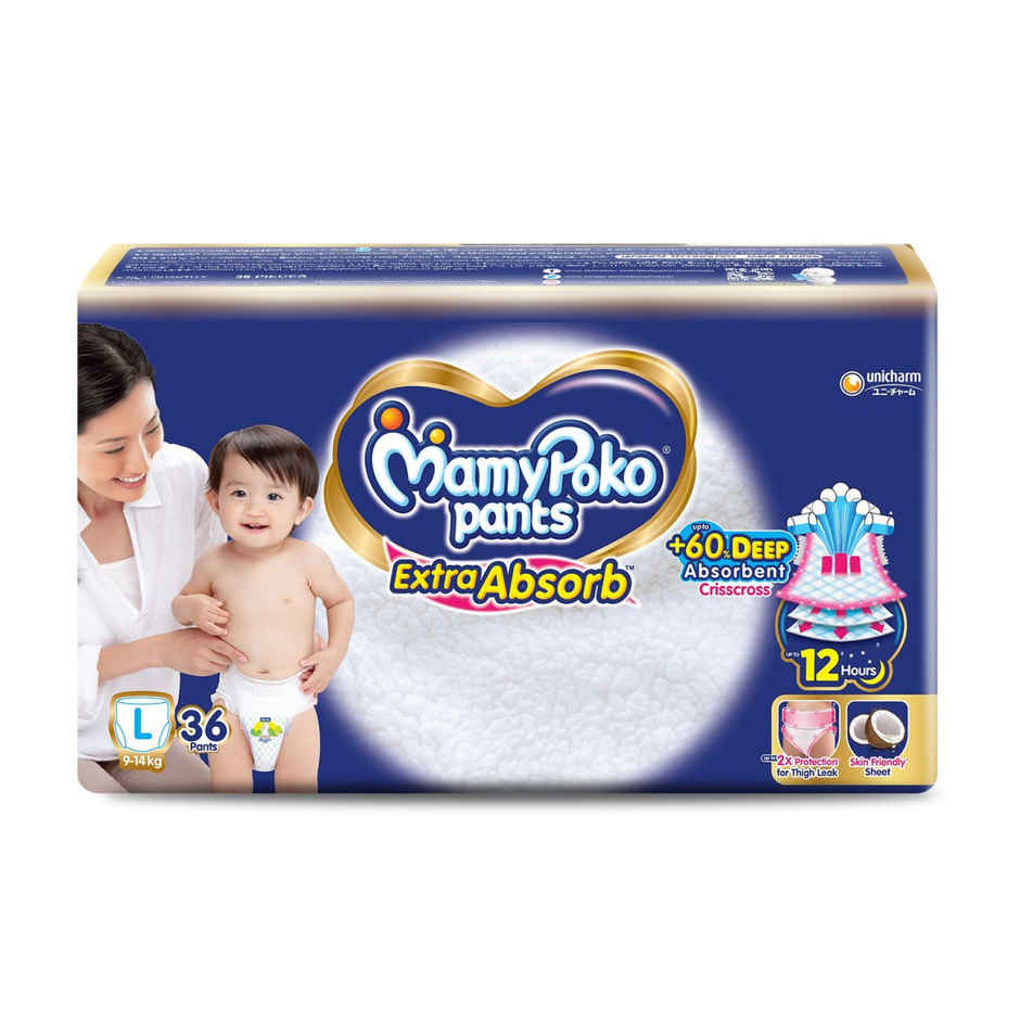 Mamypoko Extra Absorb Baby Diapers | Pant Style | L | 36 pcs