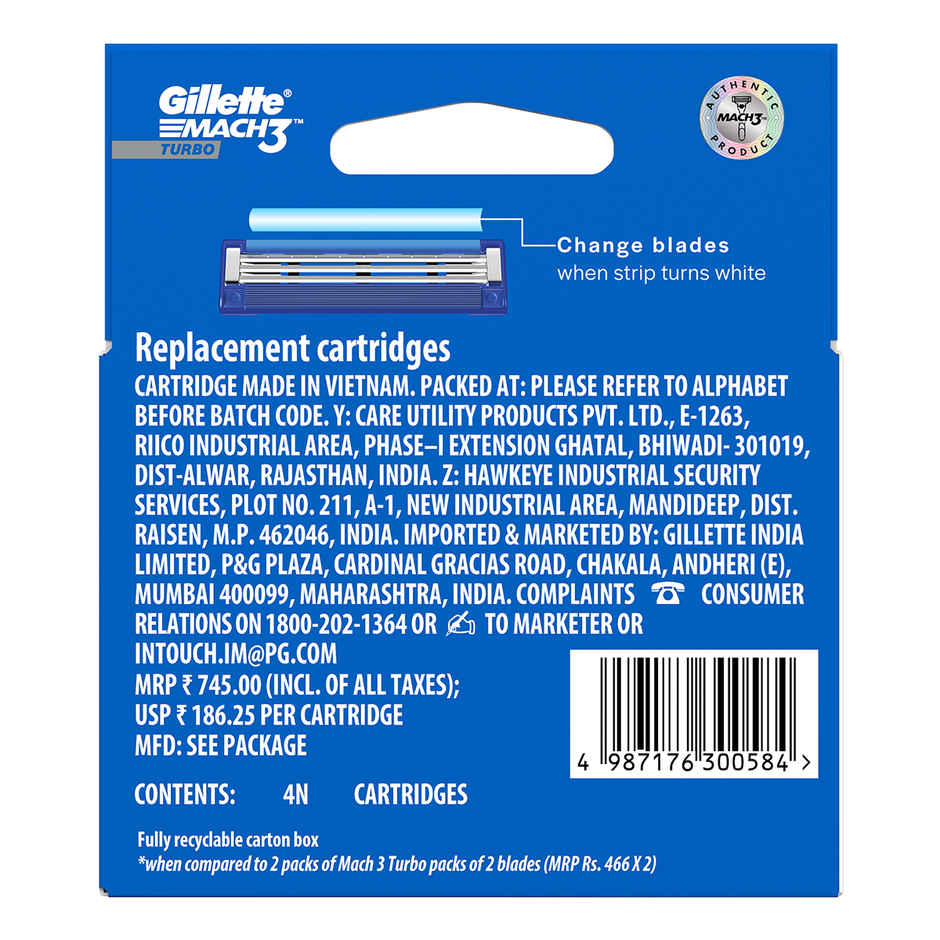 Gillette Mach3 Turbo 3-Bladed Cartridges with Comfort Gel Bar (Pack of 4)