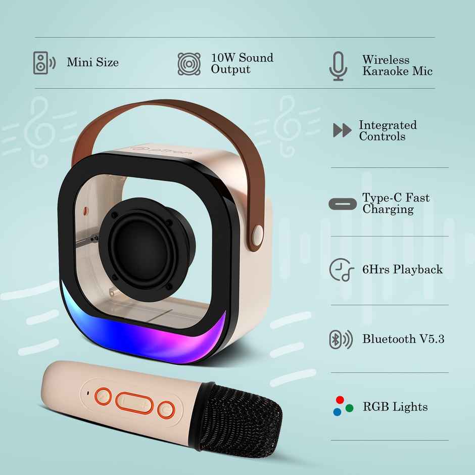 pTron Fusion Moment 10W Mini Bluetooth Speaker with Karaoke Wireless Mic & RGB Lights - Beige